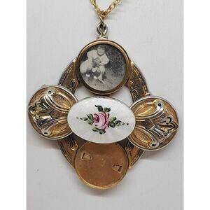 Antique Guilloche Enamel Rose 2 Photo Locket rotating Pendant early 1900s rare